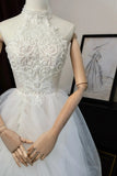 Romantic Women's Ball Gown High Neck With Appliqued White Lace Tulle Sweep Train Wedding Dresses HZ0311