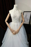 Romantic Women's Ball Gown High Neck With Appliqued White Lace Tulle Sweep Train Wedding Dresses HZ0311