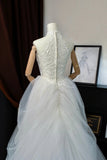 Romantic Women's Ball Gown High Neck With Appliqued White Lace Tulle Sweep Train Wedding Dresses HZ0311
