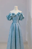Classy A line Off The Shoulder Blue Floor Length Prom Dresses Formal Dress Birthday Outfits Prom Gown HZ0311