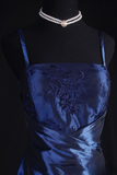 Retro Prom Dresses A Line Navy Blue Spaghetti Strap 80s With Appliqued Lace Satin Vintage Fashion Long Prom Dresses Party Gowns HZ0311