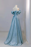 Classy A line Off The Shoulder Blue Floor Length Prom Dresses Formal Dress Birthday Outfits Prom Gown HZ0311