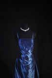 Retro Prom Dresses A Line Navy Blue Spaghetti Strap 80s With Appliqued Lace Satin Vintage Fashion Long Prom Dresses Party Gowns HZ0311