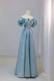 Classy A line Off The Shoulder Blue Floor Length Prom Dresses Formal Dress Birthday Outfits Prom Gown HZ0311