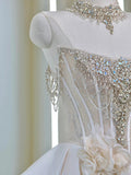 Princess Women's Ball Gown Strapless White With Silver Beads Satin Floor Length Wedding Dresses HZ0311
