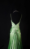 Retro Prom Dresses Mermaid Spaghetti Strap 80s With Silver Beaded Slit Green Satin Vintage Fashion Long Prom Dresses Party Gowns HZ0311
