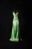 Retro Prom Dresses Mermaid Spaghetti Strap 80s With Silver Beaded Slit Green Satin Vintage Fashion Long Prom Dresses Party Gowns HZ0311