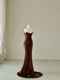 Sparkly Mermaid Sweetheart Burgundy Sequins Sleeveless Prom Dresses Long Prom Gowns HZ0311