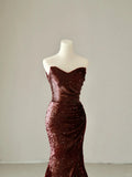 Sparkly Mermaid Sweetheart Burgundy Sequins Sleeveless Prom Dresses Long Prom Gowns HZ0311