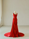 Simple Mermaid Square Neck Satin Red Sleeveless Prom Dresses Long Prom Gowns HZ0311