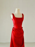 Simple Mermaid Square Neck Satin Red Sleeveless Prom Dresses Long Prom Gowns HZ0311