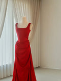 Simple Mermaid Square Neck Satin Red Sleeveless Prom Dresses Long Prom Gowns HZ0311