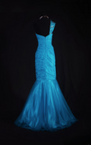 Retro Prom Dresses Mermaid One Shoulder Blue With Beaded 70s 80s Pleated Vintage Fashion Long Prom Dresses Party Gowns HZ0311