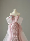 Sparkly Mermaid Sweetheart Ombre Pink Silver Sequins Sleeveless Prom Dresses Long Prom Gowns HZ0311