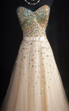 Vintage Prom Dresses 1980s Retro Classy A line Sweethart Tulle Champagne Beaded Inspo Long Prom Gown HZ0311