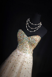 Vintage Prom Dresses 1980s Retro Classy A line Sweethart Tulle Champagne Beaded Inspo Long Prom Gown HZ0311
