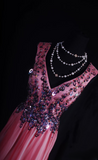 Vintage Prom Dresses 1950s Retro Classy A line V Neck Pink Chiffon Beaded Inspo Long Prom Gown HZ0311