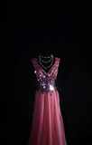 Vintage Prom Dresses 1950s Retro Classy A line V Neck Pink Chiffon Beaded Inspo Long Prom Gown HZ0311