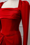 Classy Mermaid Square Neck Red Prom Dresses Long Sleeve Party Dress Evening Outfits Graduation Dress HZ0311