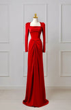 Classy Mermaid Square Neck Red Prom Dresses Long Sleeve Party Dress Evening Outfits Graduation Dress HZ0311