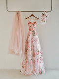 Beautiful A line Spaghetti Straps Lace Blush Pink Long Prom Dresses Floral Prom Gowns HZ0311
