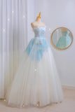 Unique Ball Gown Strapless Blue Lace Prom Dresses Long Party Dress 20th Birthday Outfits Formal Gown HZ0311