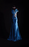 Vintage Prom Dresses 90s Formal Mermaid Halter Navy Blue Satin Prom Dress Inspiration Long Prom Dresses HZ0311