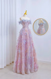 Classy A line Off The Shoulder Pink Floral Floor Length Prom Dresses Formal Dress Birthday Outfits Prom Gown HZ0311
