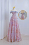 Classy A line Off The Shoulder Pink Floral Floor Length Prom Dresses Formal Dress Birthday Outfits Prom Gown HZ0311