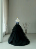 Charming Ball Gown Sweetheart Black Tulle Long Prom Dresses Sequins Prom Gowns HZ0311