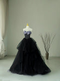 Charming Ball Gown Sweetheart Black Tulle Long Prom Dresses Sequins Prom Gowns HZ0311