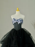 Charming Ball Gown Sweetheart Black Tulle Long Prom Dresses Sequins Prom Gowns HZ0311
