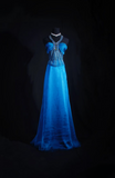 Vintage Prom Dresses 90s Formal A Line Halter Blue Satin Prom Dress Inspiration Long Prom Gown HZ0311