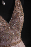 Vintage Prom Dresses 1950s Formal Retro Classy A Line V Neck Blush Pink Beaded Prom Dress Inspiration Long Prom Party Gown HZ0311
