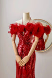 Sexy Mermaid Halter Red Sequin Prom Dresses Long Party Dress 21st Birthday Outfits Formal Dress HZ0311