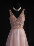 Vintage Prom Dresses 1950s Formal Retro Classy A Line V Neck Blush Pink Beaded Prom Dress Inspiration Long Prom Party Gown HZ0311