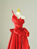 Simple A Line Strapless Satin Red Sleeveless Prom Dresses Long Prom Gowns HZ0311