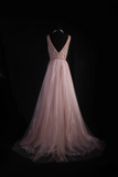 Vintage Prom Dresses 1950s Formal Retro Classy A Line V Neck Blush Pink Beaded Prom Dress Inspiration Long Prom Party Gown HZ0311