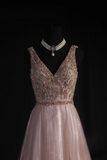Vintage Prom Dresses 1950s Formal Retro Classy A Line V Neck Blush Pink Beaded Prom Dress Inspiration Long Prom Party Gown HZ0311