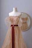Classy A line Off The Shoulder Gold Sequin Floor Length Prom Dresses Formal Dress Birthday Outfits Prom Gown HZ0311