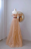 Classy A line Off The Shoulder Gold Sequin Floor Length Prom Dresses Formal Dress Birthday Outfits Prom Gown HZ0311