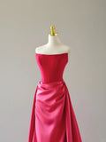 Charming Mermaid Strapless Hot Pink Satin Sleeveless Prom Dresses Long Prom Gowns HZ0311