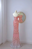 Classy Mermaid Strapless Pink Sequin Floor Length Slit Prom Dresses Formal Dress Birthday Outfits Prom Gown HZ0311