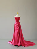 Charming Mermaid Strapless Hot Pink Satin Sleeveless Prom Dresses Long Prom Gowns HZ0311