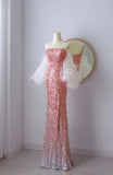 Classy Mermaid Strapless Pink Sequin Floor Length Slit Prom Dresses Formal Dress Birthday Outfits Prom Gown HZ0311