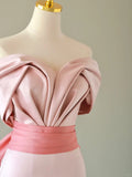 Simple Mermaid Sweetheart Blush Pink Satin Short Sleeves Prom Dresses Long Prom Gowns HZ0311