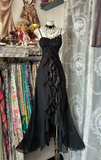Vintage Prom Dresses 90s Ball Mermaid Spaghetti Straps Black Chiffon Long Party Dress Evening Dresses HZ0311