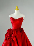 Charming Ball Gown Sweetheart Red Satin Long Prom Dresses Flower Prom Gowns HZ0311