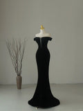 Simple Mermaid Off The Shoulder Black Velvet Cap Sleeves Prom Dresses Long Prom Gowns HZ0311