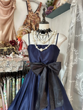 Retro Ball Gown Spaghetti Straps Navy Blue Satin Short 19th Birthday Dress Homecoming Dresses Cocktail Gown HZ0311